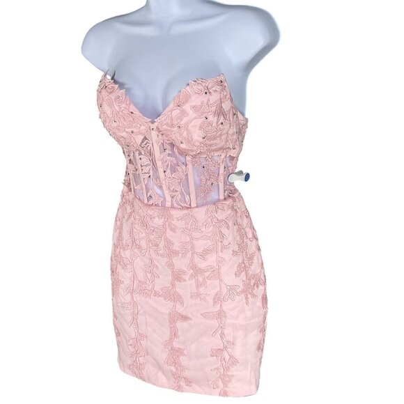 Wedding Apparel NWT Womens 2 Baby Pink Floral Lace Corset Mini Dress Coquette - Picture 5 of 16
